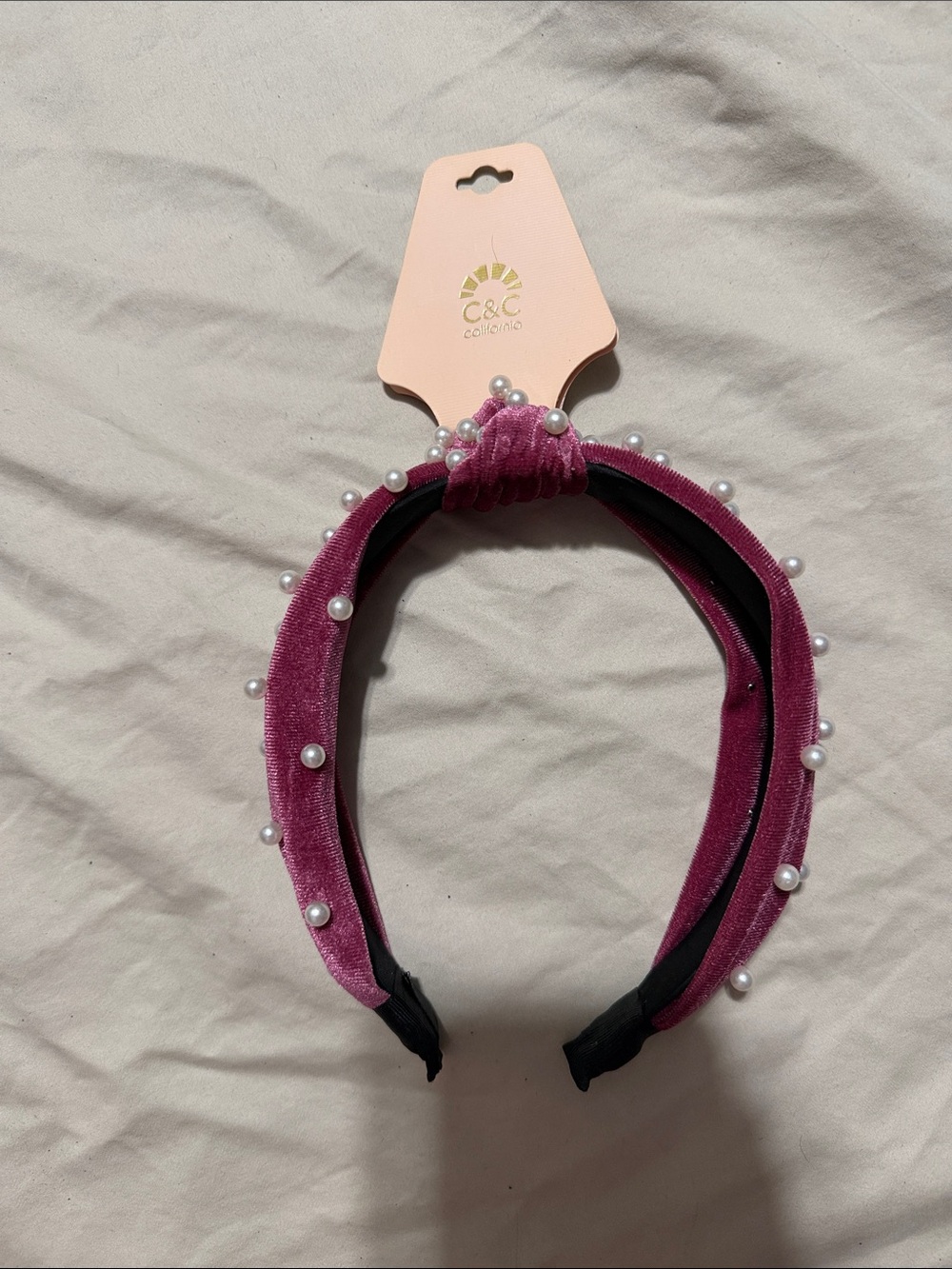 C&C California Velvet Headband with Pearl Accents - Rose Pink